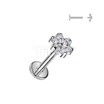 Titanium Internally Threaded Flat Back Labret With 7 CZ Flower Top - Image 2