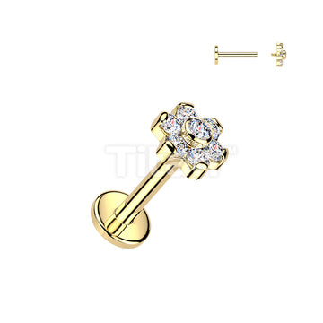 Titanium Internally Threaded Flat Back Labret With 7 CZ Flower Top - Image 3