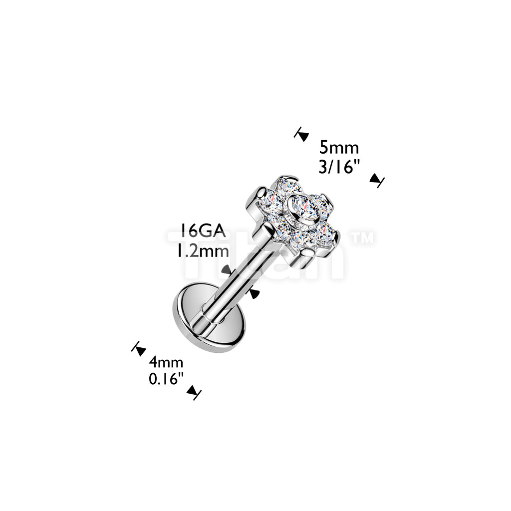 Titanium Internally Threaded Flat Back Labret With 7 CZ Flower Top - Image 4