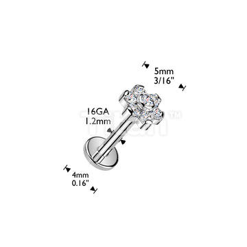 Titanium Internally Threaded Flat Back Labret With 7 CZ Flower Top - Image 4