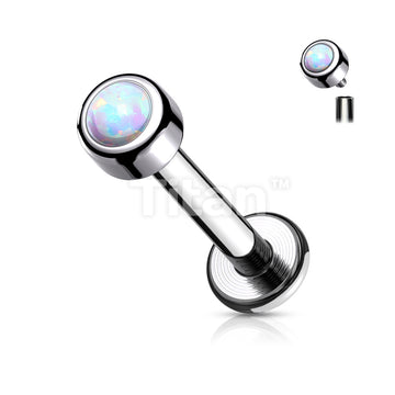 Implant Grade Titanium Internally Threaded Labret With Bezel Set Round Opal Top - Image 4