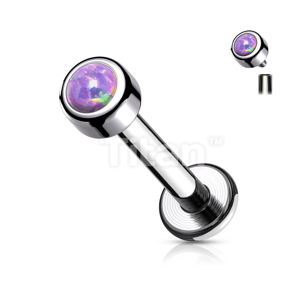 Implant Grade Titanium Internally Threaded Labret With Bezel Set Round Opal Top - Image 6