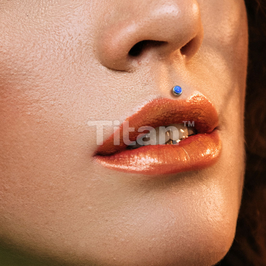 Implant Grade Titanium Internally Threaded Labret With Bezel Set Round Opal Top - Image 9