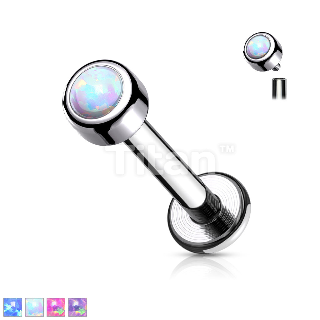 Implant Grade Titanium Internally Threaded Labret With Bezel Set Round Opal Top - Image 2