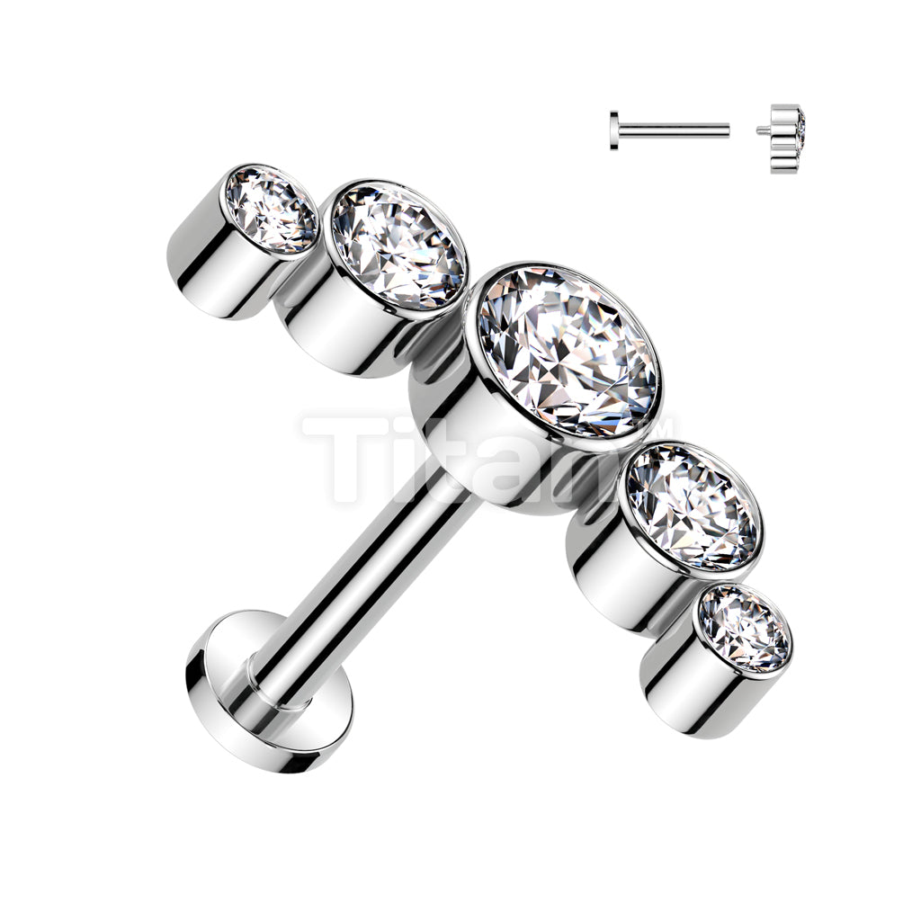 Implant Grade Titanium Internally Threaded 5 Round Bezel Set CZ Curve Top Flat Back Labret Studs - Image 4