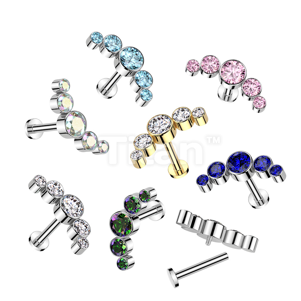 Implant Grade Titanium Internally Threaded 5 Round Bezel Set CZ Curve Top Flat Back Labret Studs
