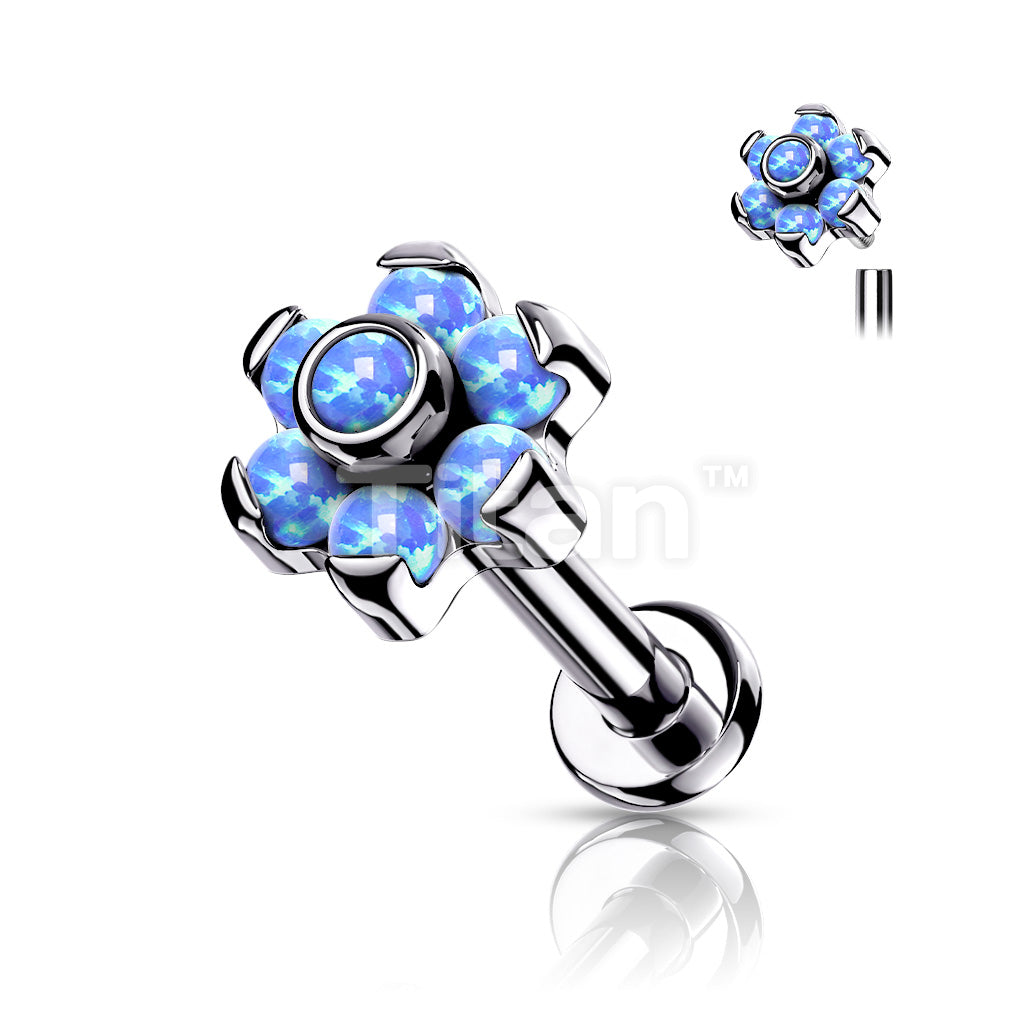 Implant Grade Titanium Internally Threaded Opal Flower Top Labret With Bezel Set Center and Prong Set Petals  - Image 3