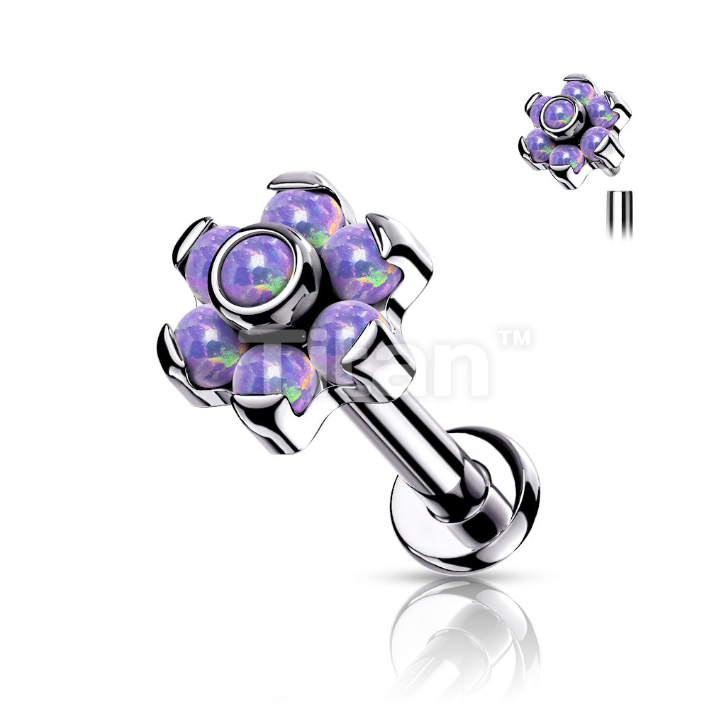 Implant Grade Titanium Internally Threaded Opal Flower Top Labret With Bezel Set Center and Prong Set Petals  - Image 6