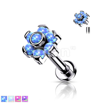 Implant Grade Titanium Internally Threaded Opal Flower Top Labret With Bezel Set Center and Prong Set Petals  - Image 2