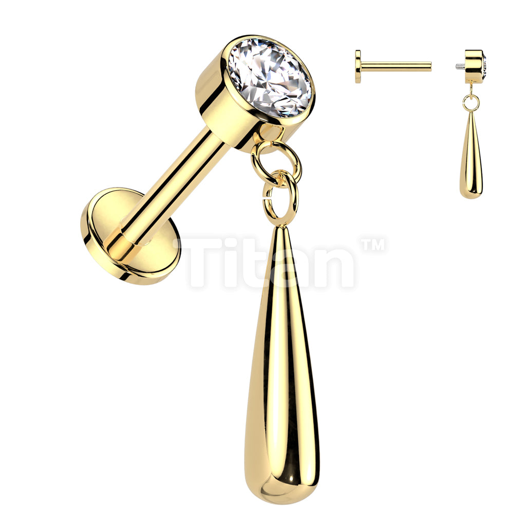 Implant Grade Titanium Internally Threaded Labret With Bezel Set CZ Top and Teardrop Dangle - Image 2