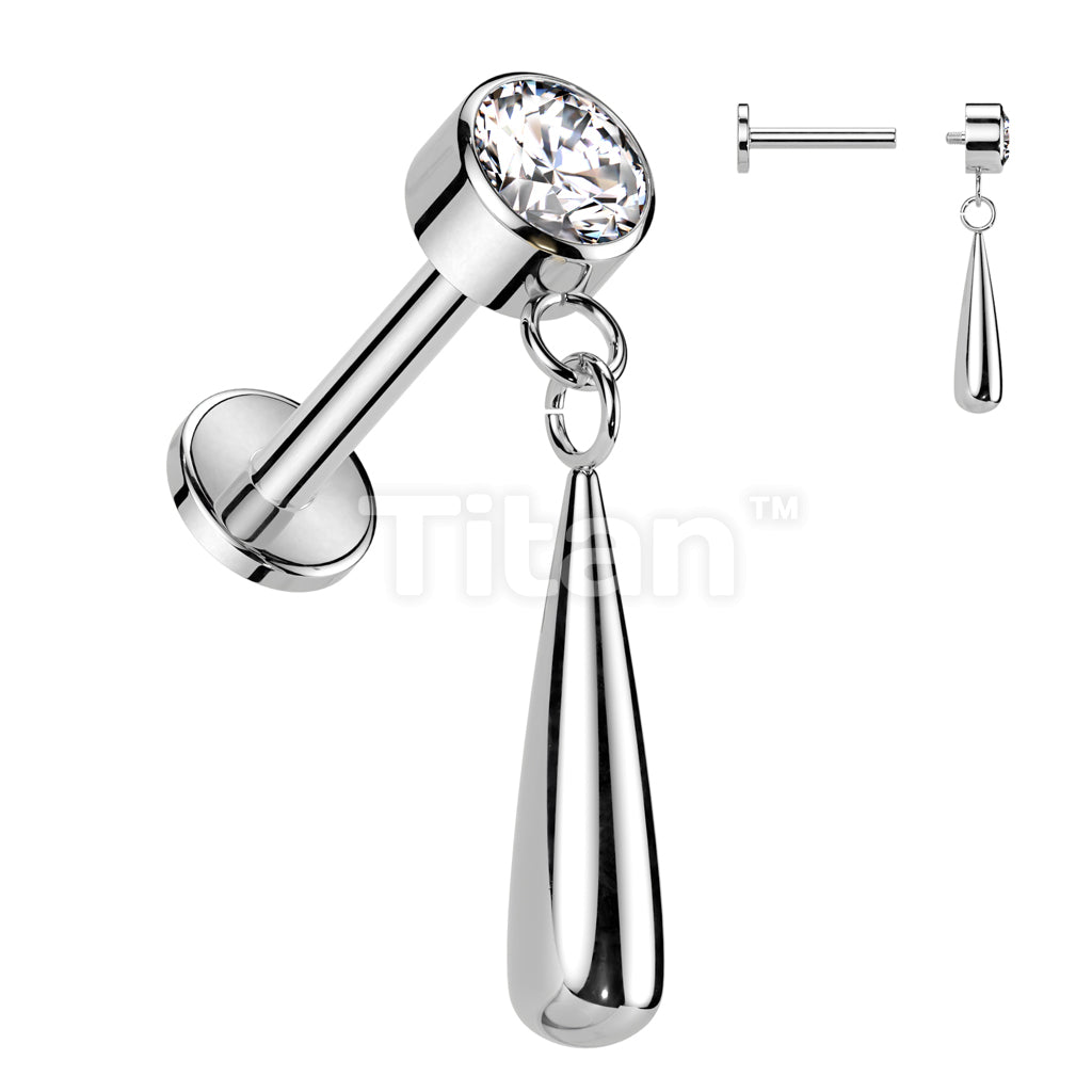 Implant Grade Titanium Internally Threaded Labret With Bezel Set CZ Top and Teardrop Dangle - Image 4