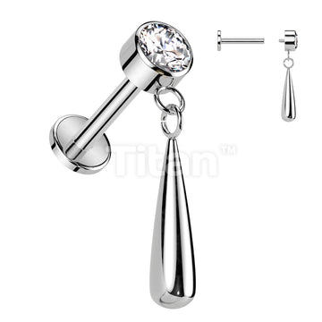 Implant Grade Titanium Internally Threaded Labret With Bezel Set CZ Top and Teardrop Dangle - Image 4