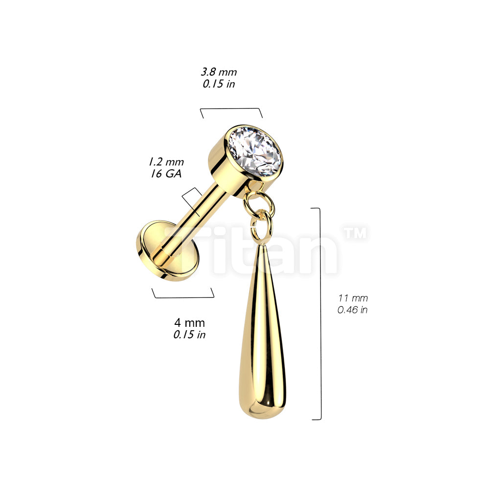 Implant Grade Titanium Internally Threaded Labret With Bezel Set CZ Top and Teardrop Dangle - Image 5
