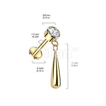 Implant Grade Titanium Internally Threaded Labret With Bezel Set CZ Top and Teardrop Dangle - Image 5