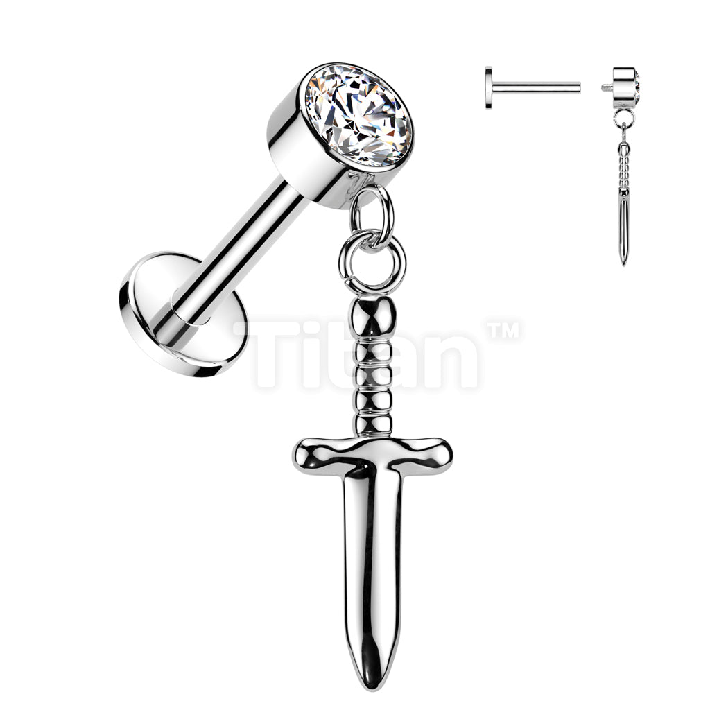 Implant Grade Titanium Internally Threaded Labret With Round Bezel Set CZ And Dagger Dangle Top - Image 2