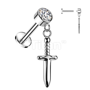Implant Grade Titanium Internally Threaded Labret With Round Bezel Set CZ And Dagger Dangle Top - Image 2