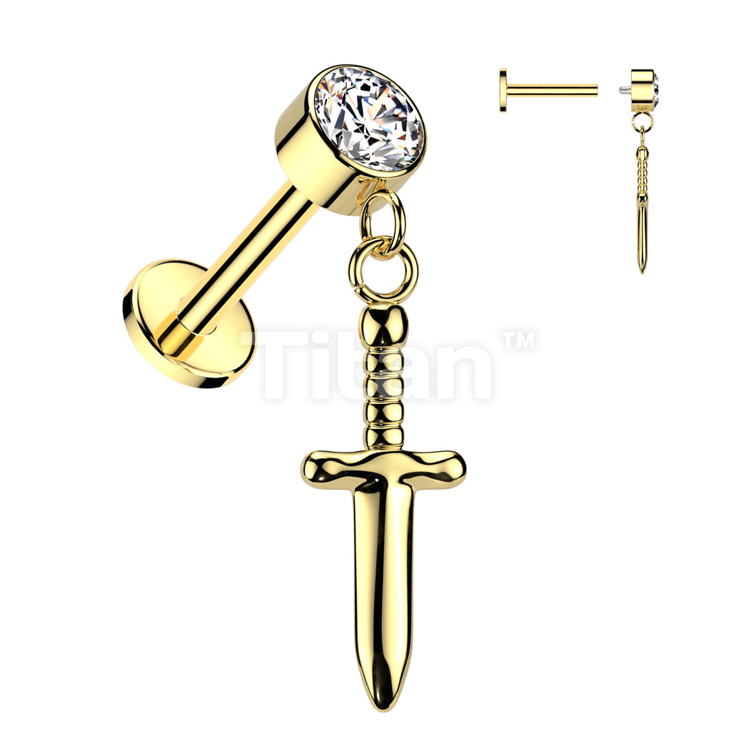 Implant Grade Titanium Internally Threaded Labret With Round Bezel Set CZ And Dagger Dangle Top - Image 3