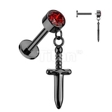 Implant Grade Titanium Internally Threaded Labret With Round Bezel Set CZ And Dagger Dangle Top - Image 4
