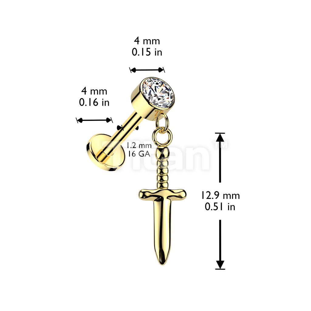 Implant Grade Titanium Internally Threaded Labret With Round Bezel Set CZ And Dagger Dangle Top - Image 5