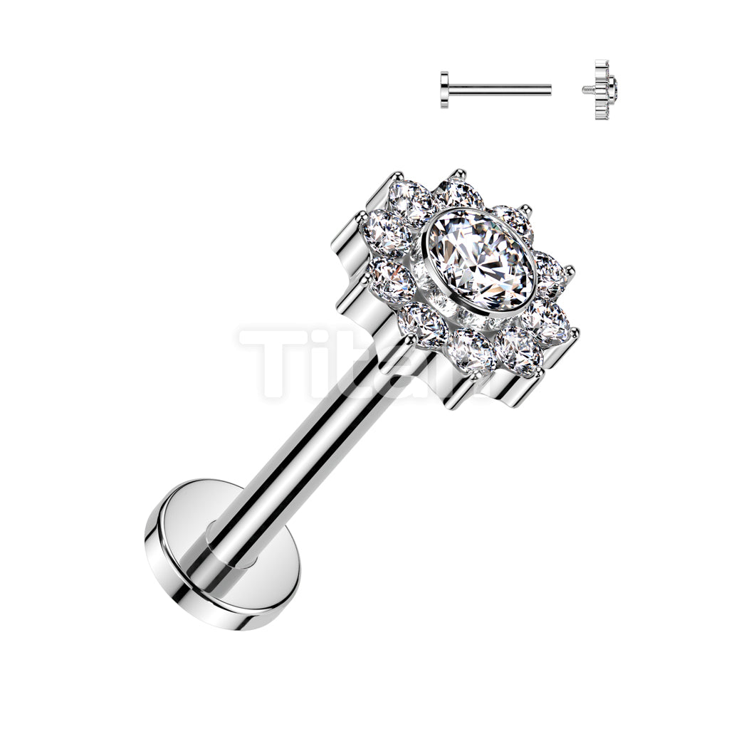 Implant Grade Titanium Internally Threaded Labret With CZ Pave Flower Top - Image 2