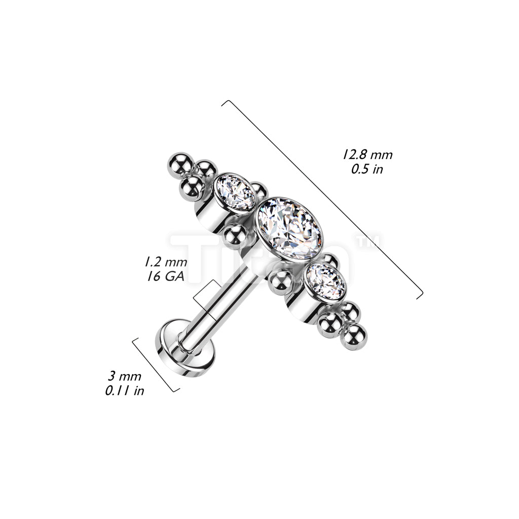 Implant Grade Titanium Internally Threaded Labret With 3 Bezel Set CZs and Ball Clusters Top - Image 6