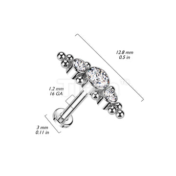 Implant Grade Titanium Internally Threaded Labret With 3 Bezel Set CZs and Ball Clusters Top - Image 6