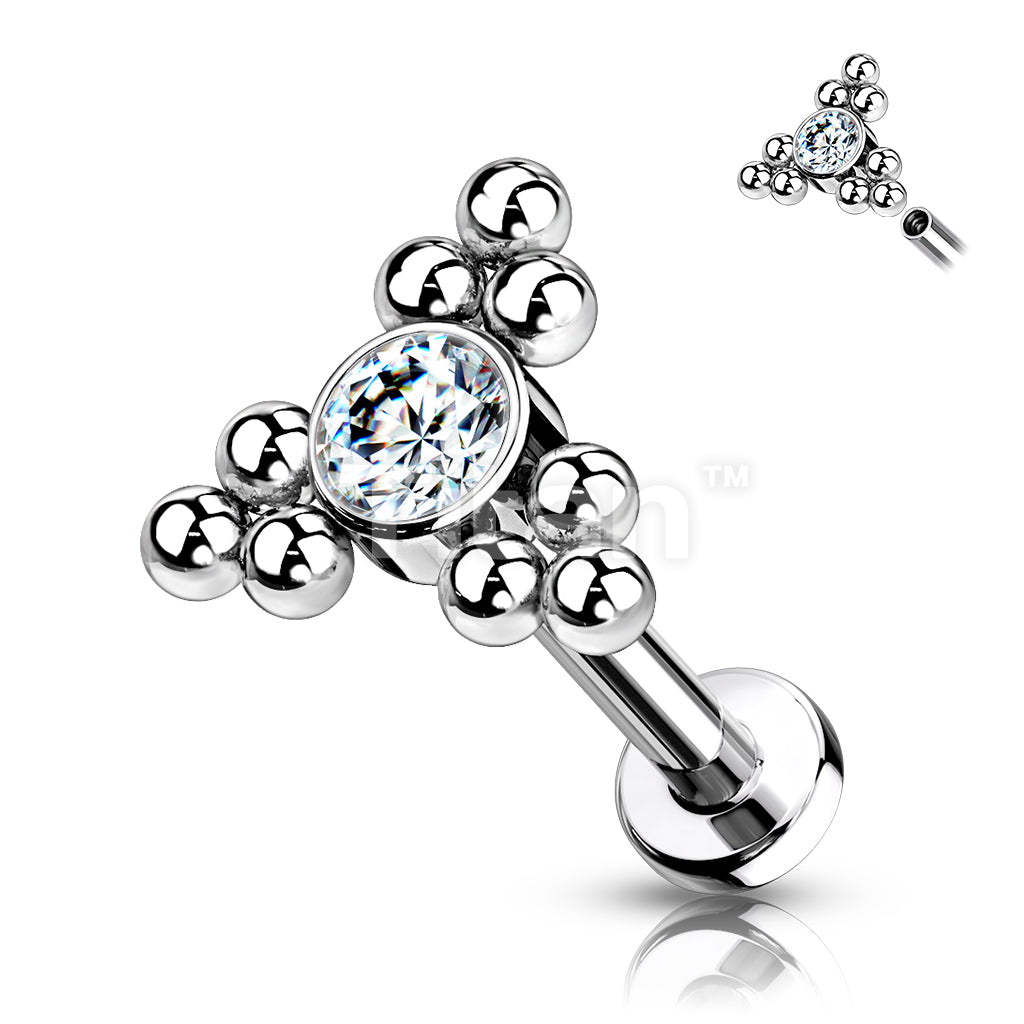 Implant Grade Titanium Internally Threaded Labret With Bezel Set CZ Center and Trinity Ball Clusters Top - Image 4