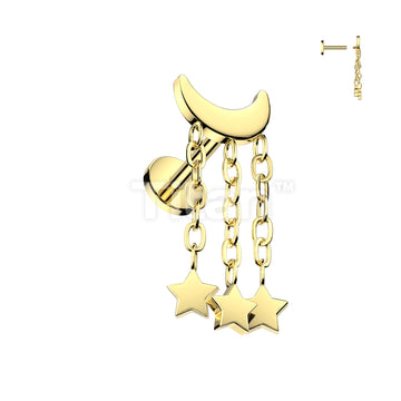 Implant Grade Titanium Internally Threaded Labret Crescent Moon With 3 Star Dangle Top - Image 2