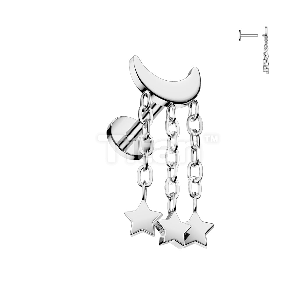 Implant Grade Titanium Internally Threaded Labret Crescent Moon With 3 Star Dangle Top - Image 3