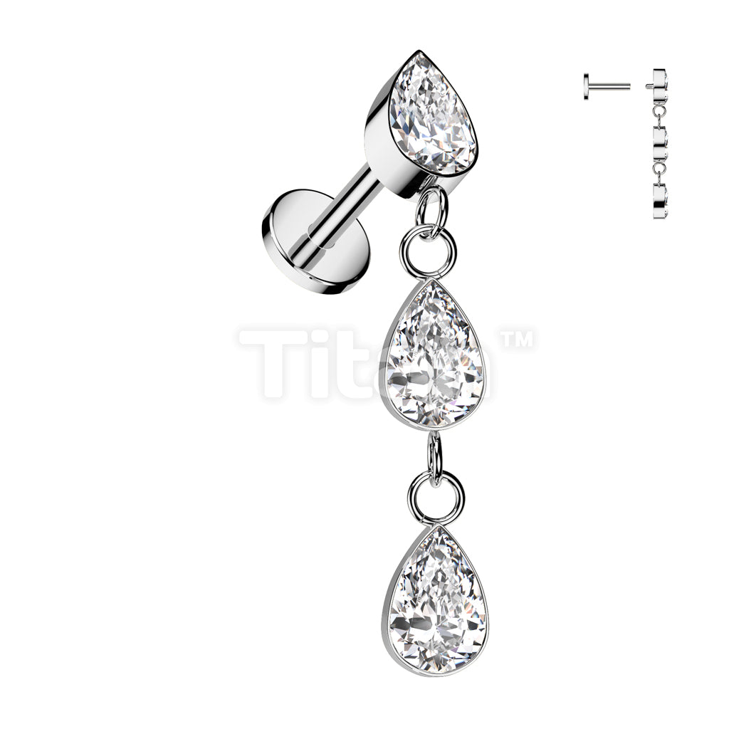 Implant Grade Titanium Internally Threaded Labret With 3 Teardrop CZ  Bezel Set Dangle Top - Image 2