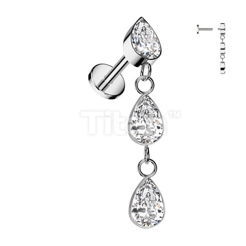Implant Grade Titanium Internally Threaded Labret With 3 Teardrop CZ  Bezel Set Dangle Top - Image 2