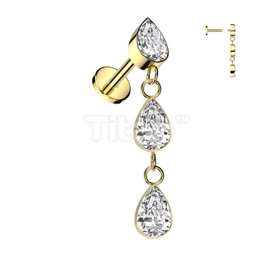 Implant Grade Titanium Internally Threaded Labret With 3 Teardrop CZ  Bezel Set Dangle Top - Image 3