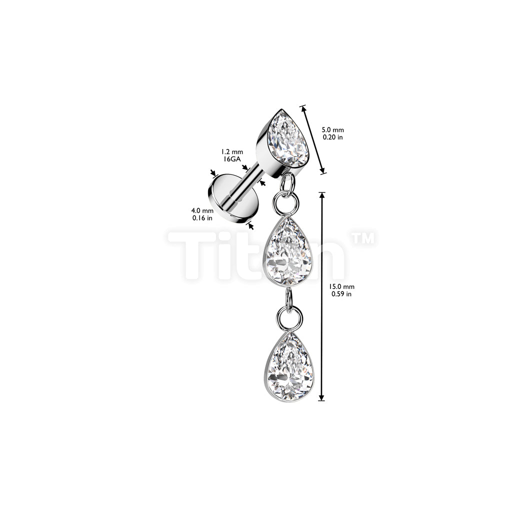 Implant Grade Titanium Internally Threaded Labret With 3 Teardrop CZ  Bezel Set Dangle Top - Image 4