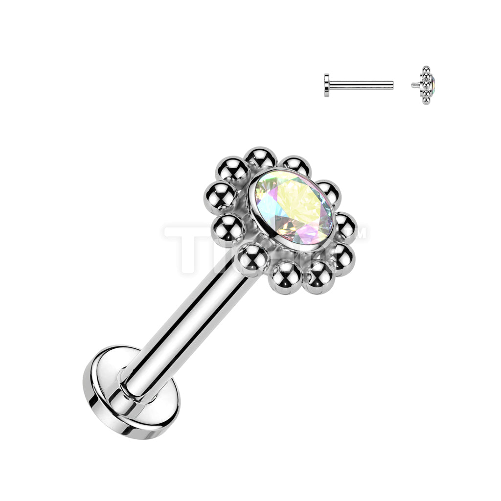 Implant Grade Titanium Internally Threaded Labret With Bezel Set CZ Center and Beaded Ball Edge Top - Image 2