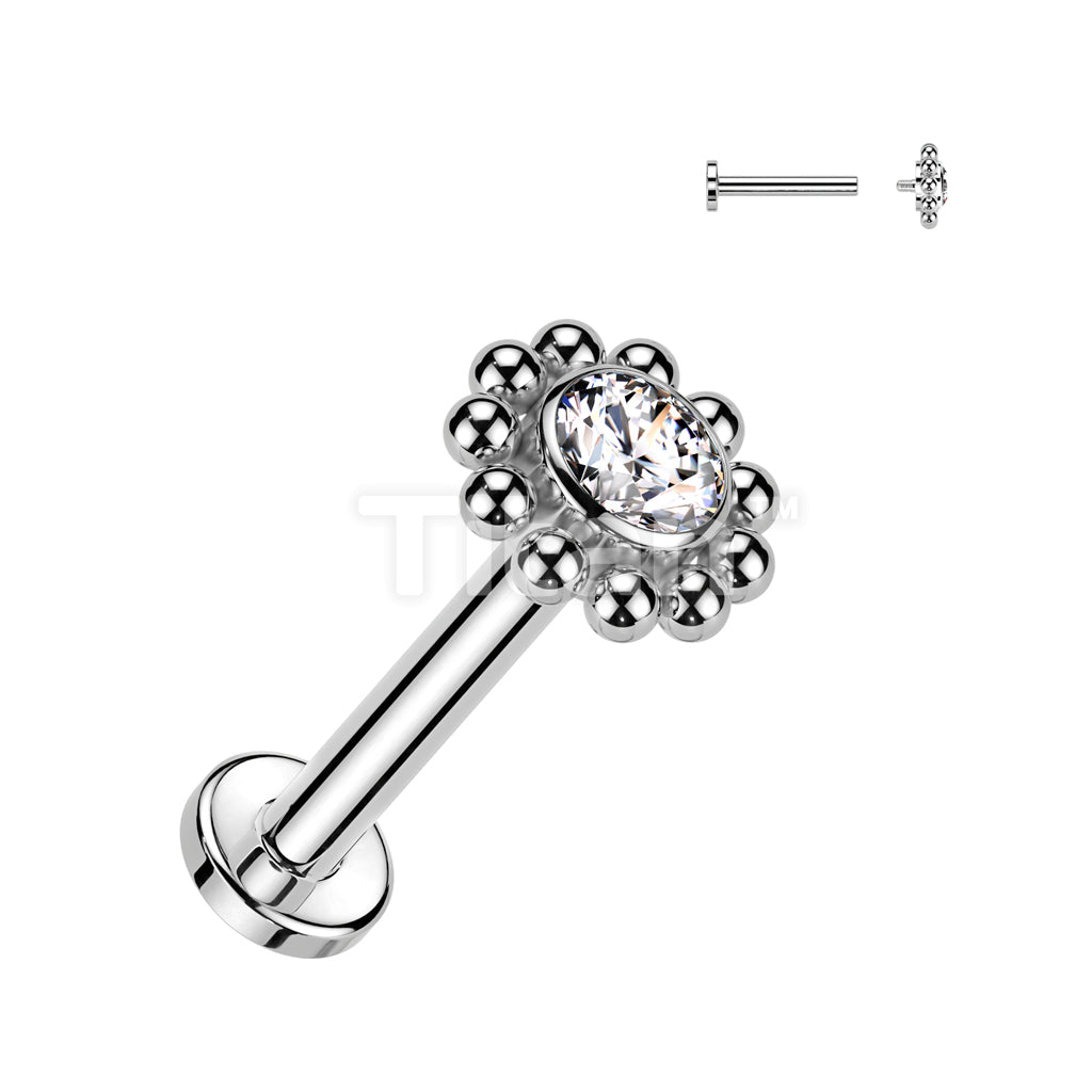 Implant Grade Titanium Internally Threaded Labret With Bezel Set CZ Center and Beaded Ball Edge Top - Image 3