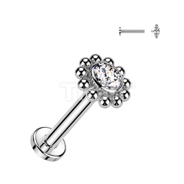 Implant Grade Titanium Internally Threaded Labret With Bezel Set CZ Center and Beaded Ball Edge Top - Image 3