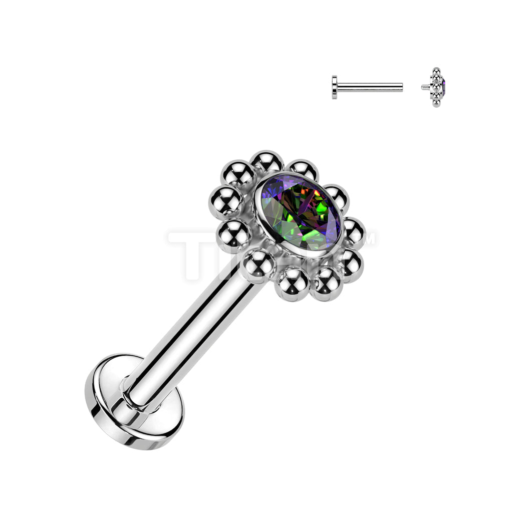 Implant Grade Titanium Internally Threaded Labret With Bezel Set CZ Center and Beaded Ball Edge Top - Image 4