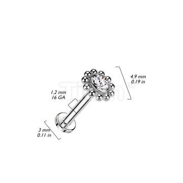 Implant Grade Titanium Internally Threaded Labret With Bezel Set CZ Center and Beaded Ball Edge Top - Image 5