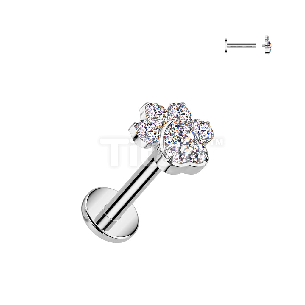 Implant Grade Titanium Internally Threaded Flat Back Stud With CZ Heart And 4 CZ Paw Top - Image 2