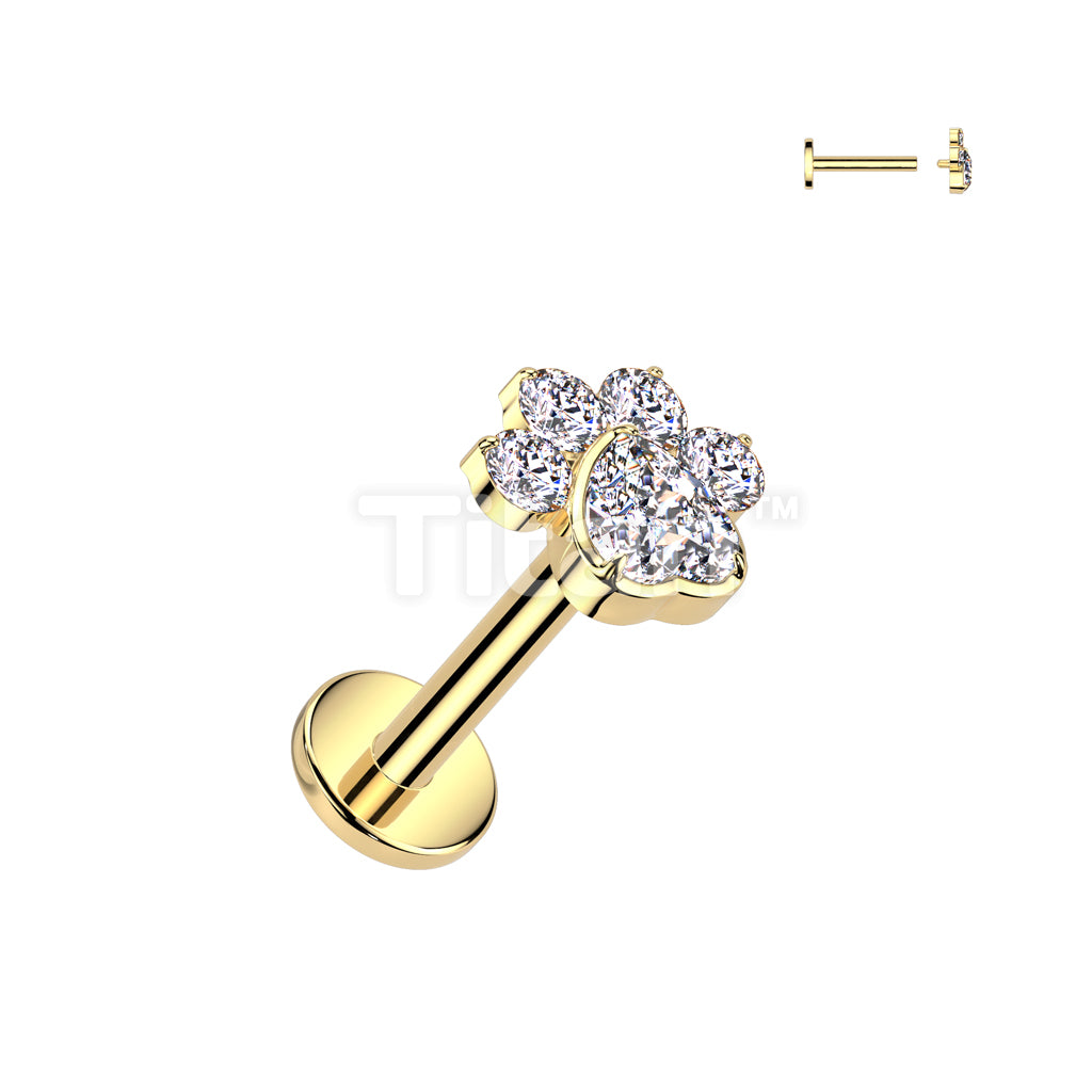 Implant Grade Titanium Internally Threaded Flat Back Stud With CZ Heart And 4 CZ Paw Top - Image 4