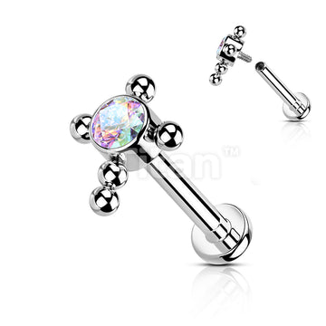 Implant Grade Titanium Internally Threaded Labret With Bezel Set CZ Center Beaded Ball Cross Top - Image 3