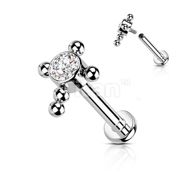 Implant Grade Titanium Internally Threaded Labret With Bezel Set CZ Center Beaded Ball Cross Top - Image 4