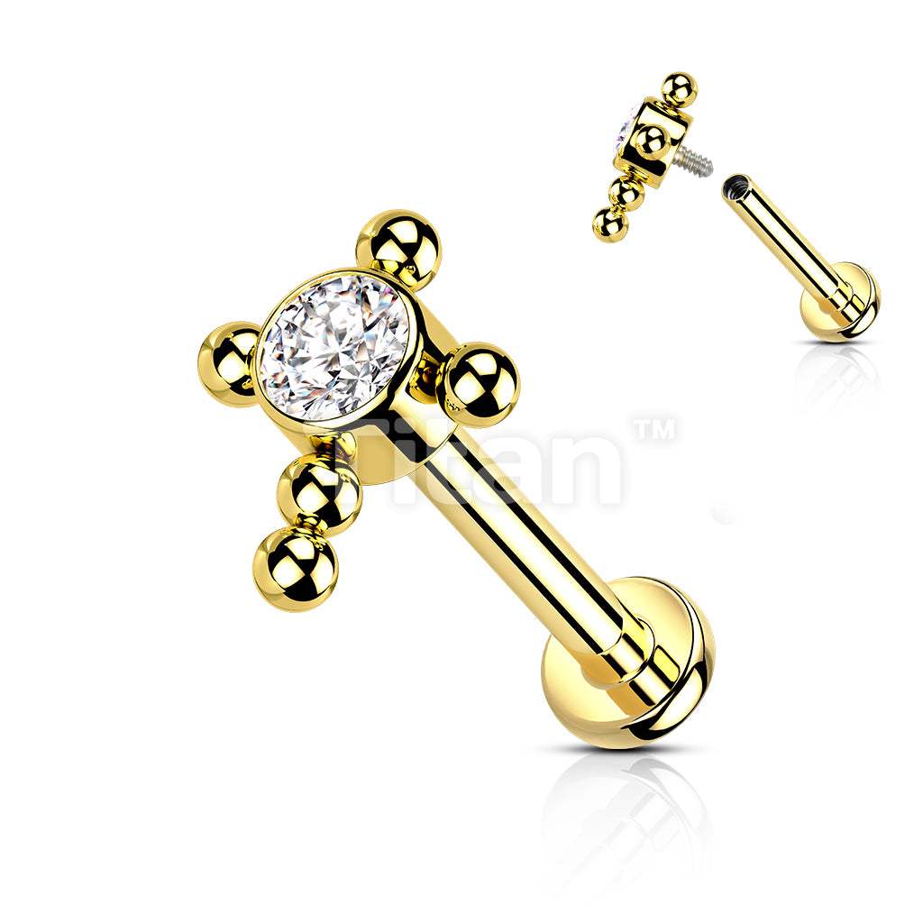 Implant Grade Titanium Internally Threaded Labret With Bezel Set CZ Center Beaded Ball Cross Top - Image 5