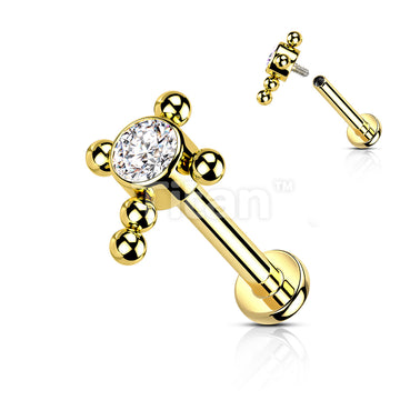 Implant Grade Titanium Internally Threaded Labret With Bezel Set CZ Center Beaded Ball Cross Top - Image 5