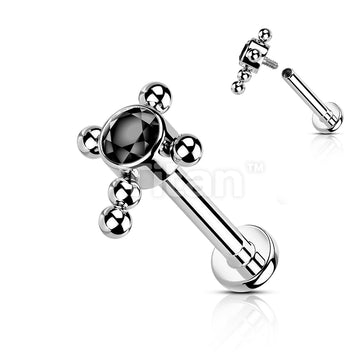 Implant Grade Titanium Internally Threaded Labret With Bezel Set CZ Center Beaded Ball Cross Top - Image 6