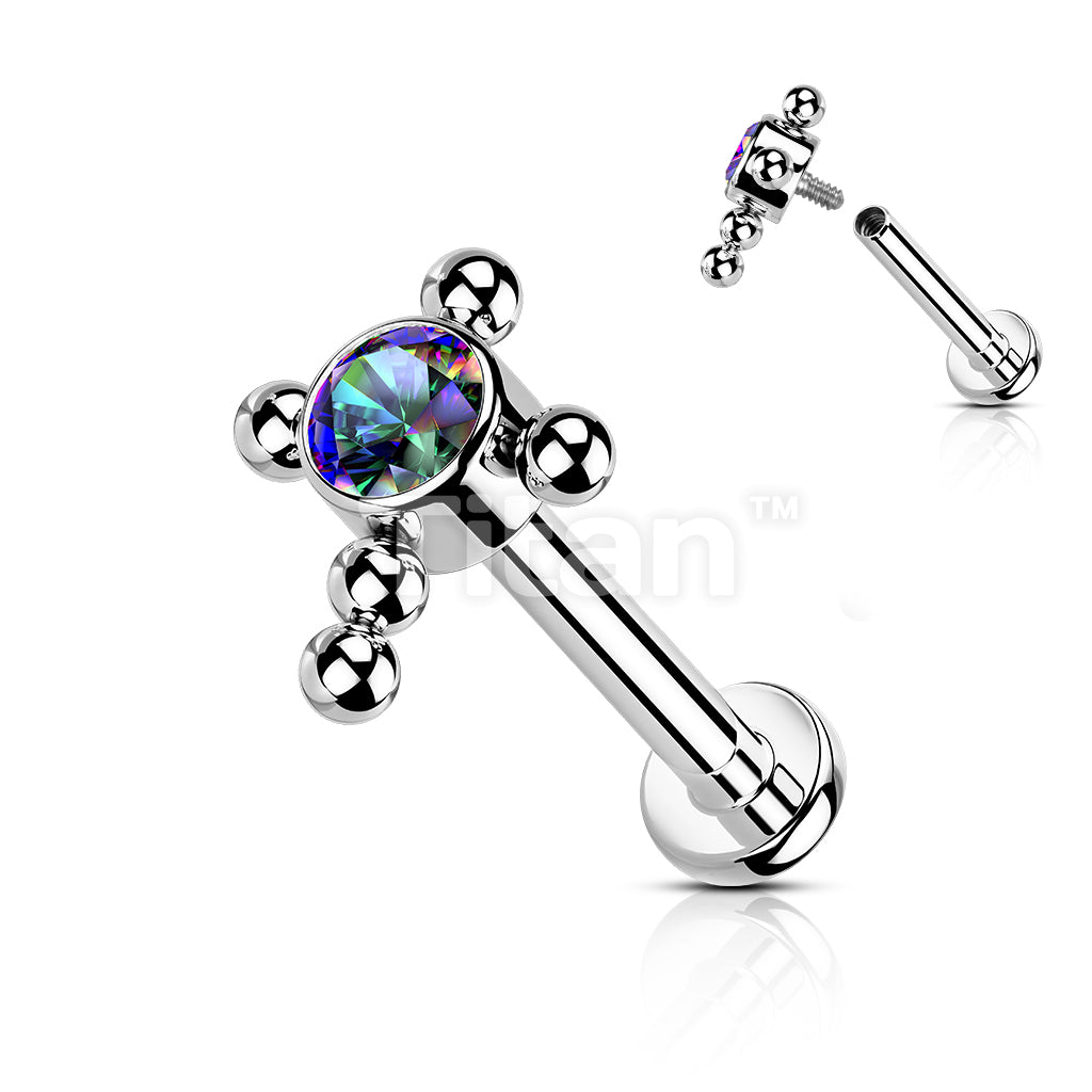 Implant Grade Titanium Internally Threaded Labret With Bezel Set CZ Center Beaded Ball Cross Top - Image 9