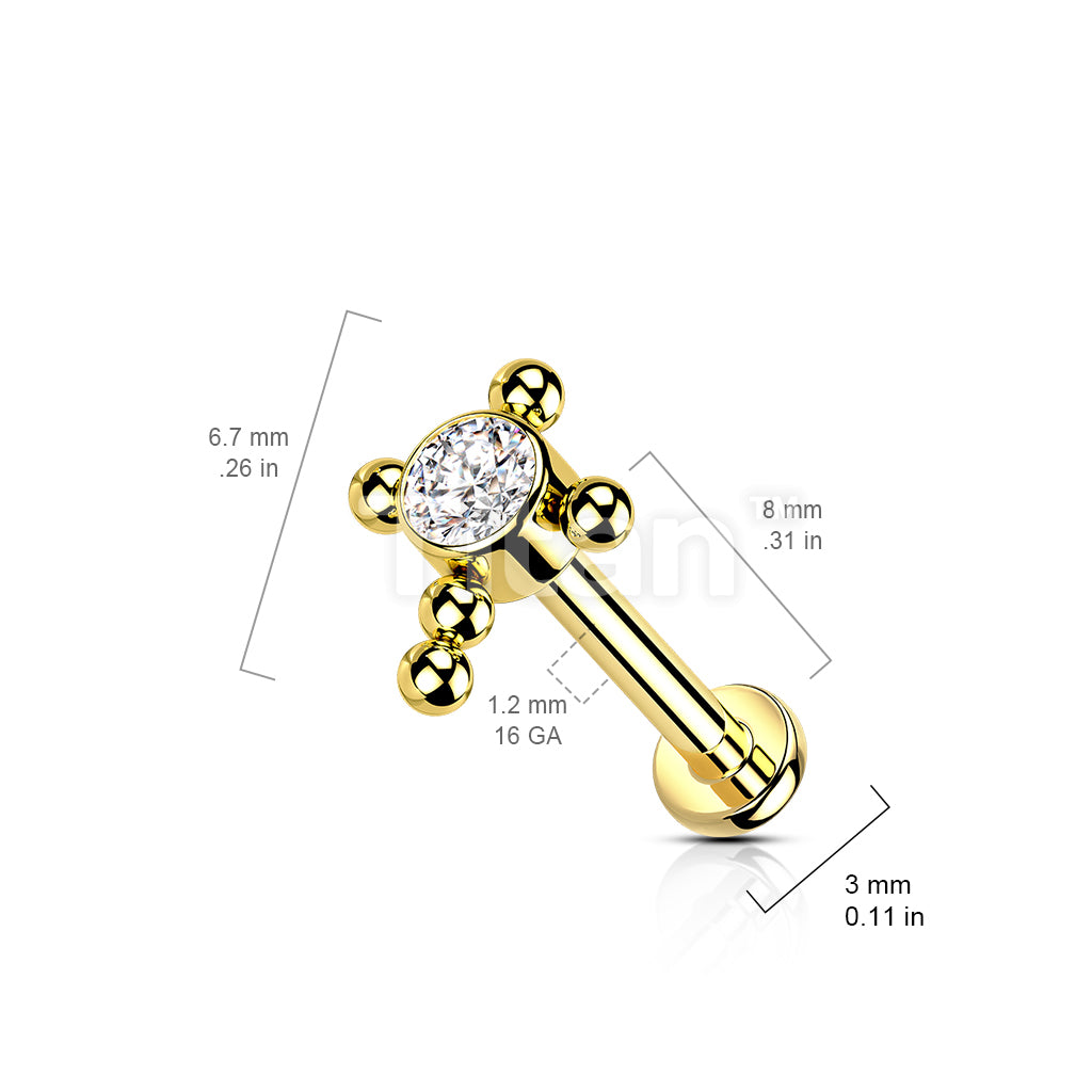 Implant Grade Titanium Internally Threaded Labret With Bezel Set CZ Center Beaded Ball Cross Top - Image 10