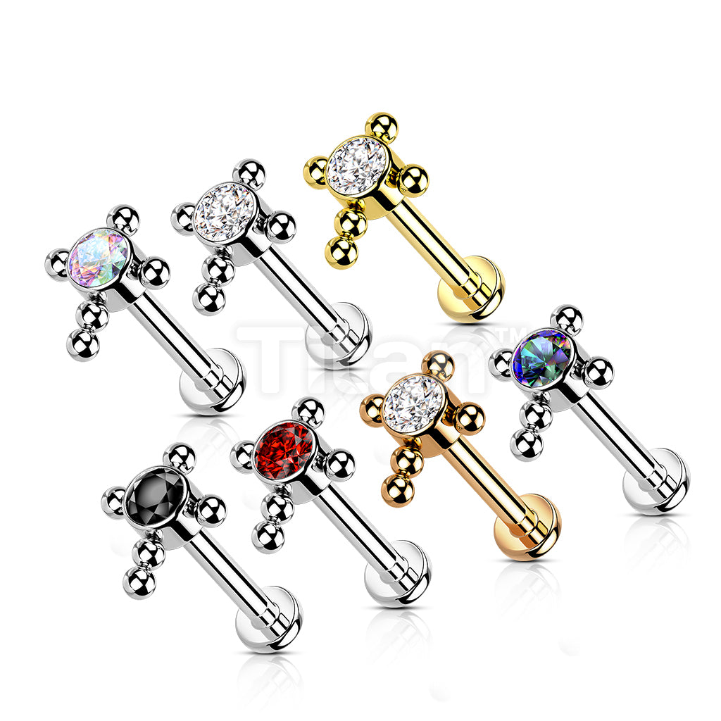 Implant Grade Titanium Internally Threaded Labret With Bezel Set CZ Center Beaded Ball Cross Top - Image 11