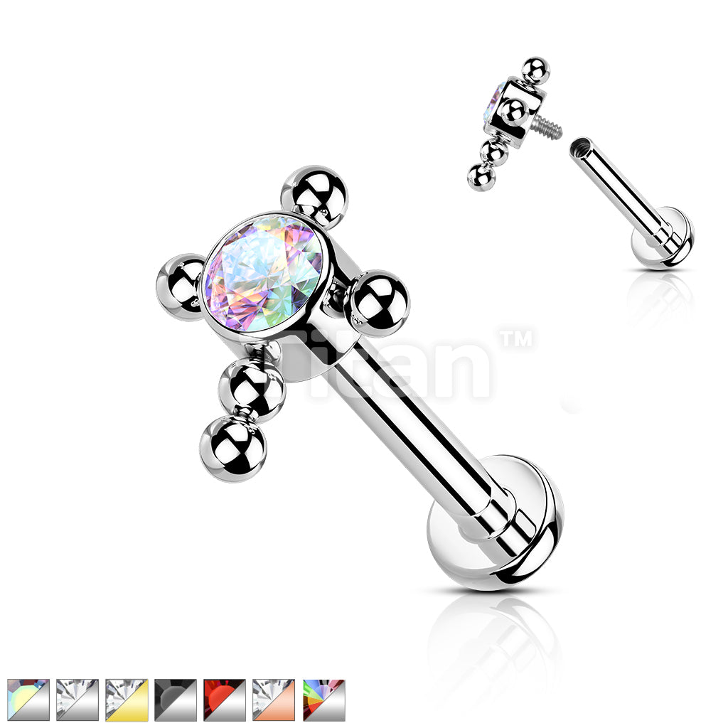 Implant Grade Titanium Internally Threaded Labret With Bezel Set CZ Center Beaded Ball Cross Top - Image 2