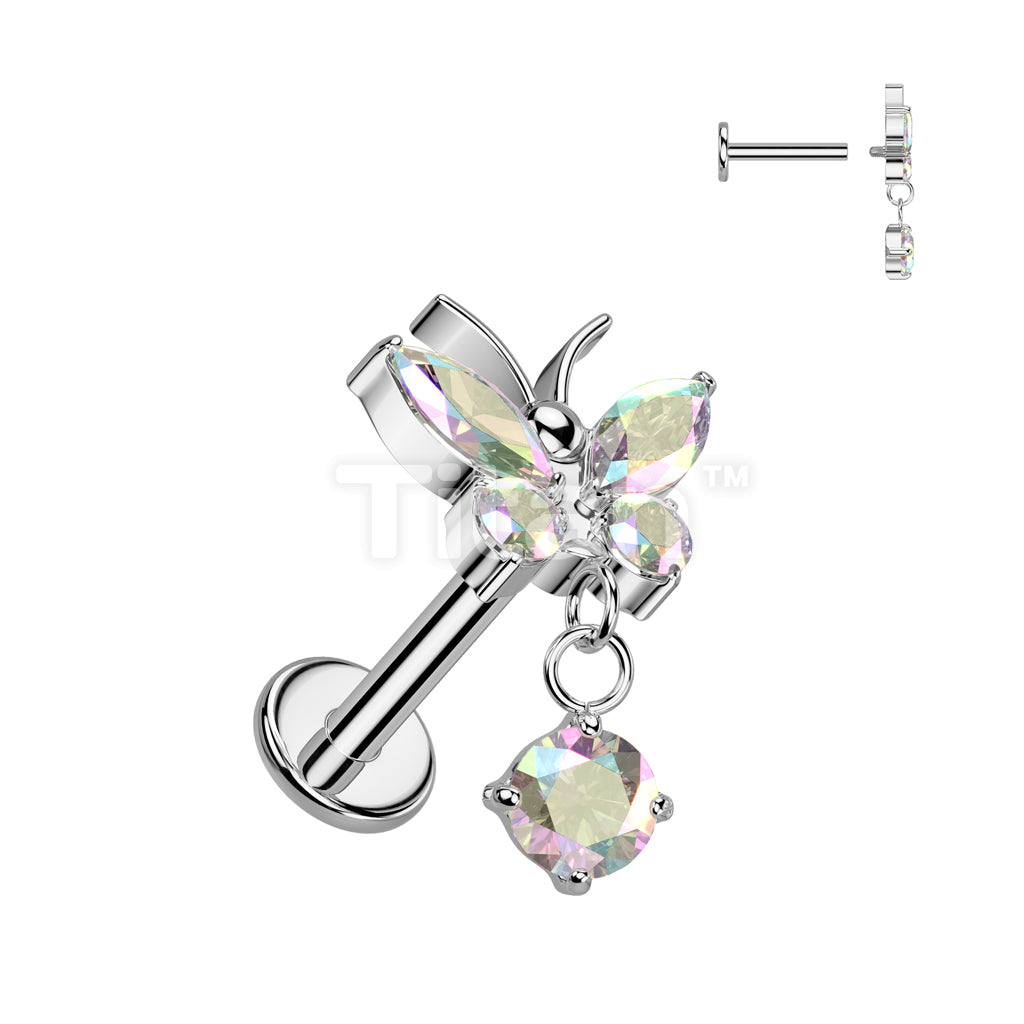 Implant Grade Titanium Internally Threaded CZ Butterfly Labret, Flat Back Stud With CZ Dangle - Image 2